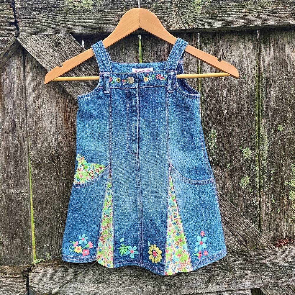 Flapdoodles 100% Cotton Floral Patchwork Denim Jean Jumper Dress Toddler Girl 3T
